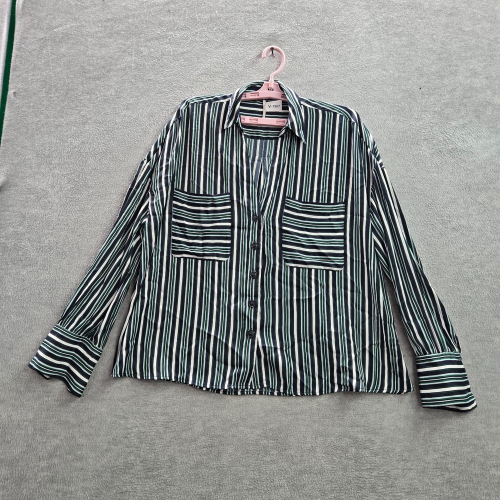 Free People Women Top Medium Blue Mad About You Striped Button Up Long Sleeve